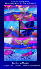 # Chapter 77 Panel 1: Rose staring over the balcony at the night sky as some floating islands float by. Panel 2: Rose raises her clenched fist above the railing. Panel 3: Opening her paw, void mist swirls around her as she opens a construct bridge. P